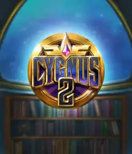 Discover the enchanting visuals of Cygnus 2 Slot by ELK Studios, featuring a spectacular logo with a shining purple and gold design. Positioned against a mystical background of a library, this graphic conjures the essence of adventure and mystery. 